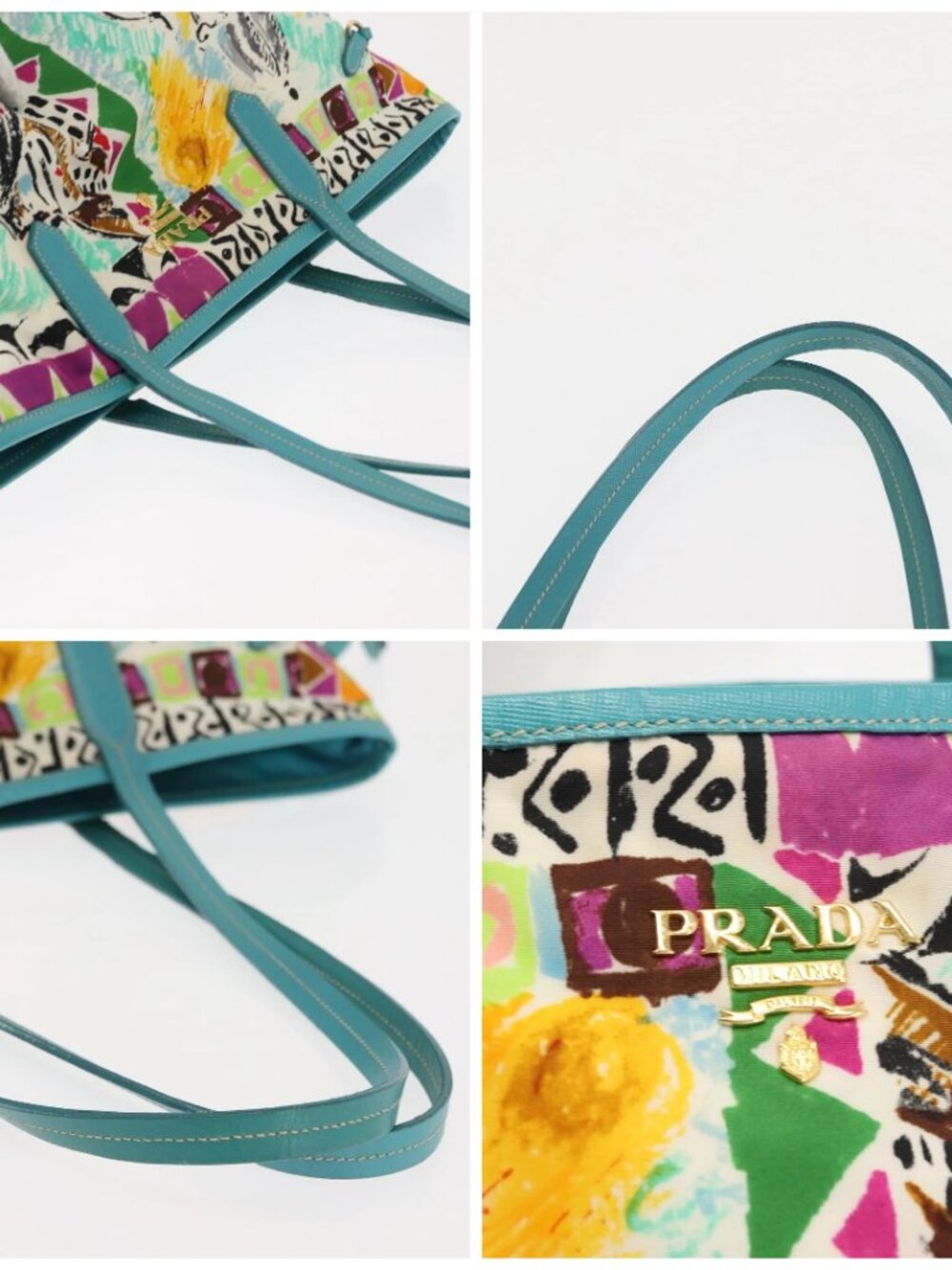 PRADA Tote Bag Nylon Leather Turquoise Blue Gold Auth 147406 - Picture 16 of 16